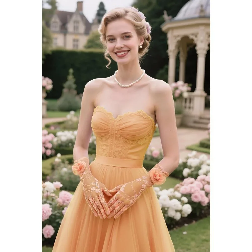 Women's Orange Floral Lace Opera Elegant Evening Party Prom Gloves Accessories